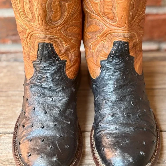 Rod Patrick Men's Handmade Ostrich Black Brown Leather Western Boots Sz 8D - Picture 3 of 10